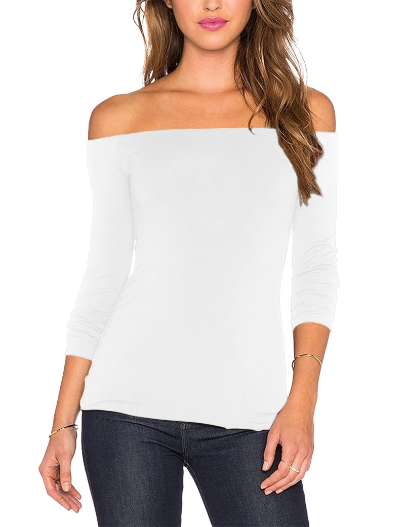 Sarin Mathews Women's Sexy Slim Fit Stretchy Off Shoulder Long Sleeve Blouse Tops Shirt White L - Image 1